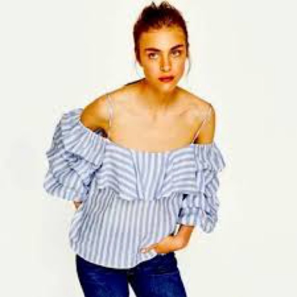 Zara Off-Shoulder Blue and White Ruffled Blouse
